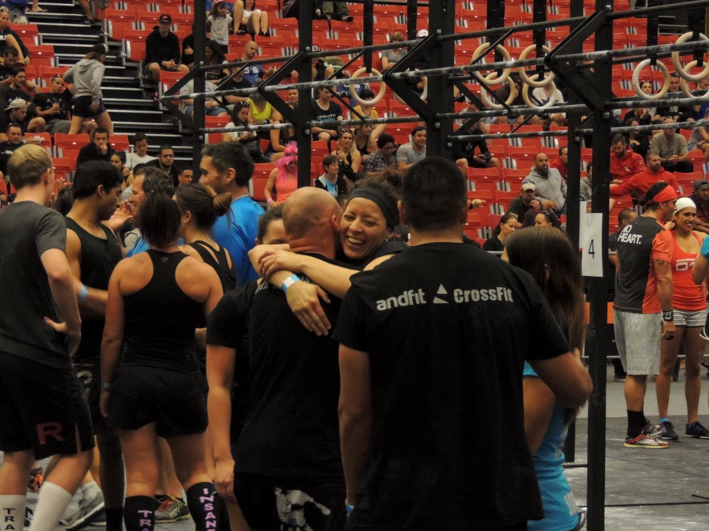 Great moment captured as Bernie, Jacob and Derry celebrate after finishing their first WOD on Saturday (FRAN) at the Team Nationals.